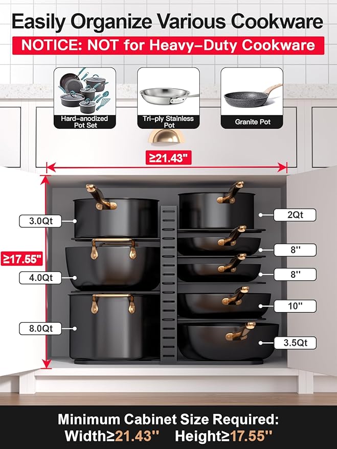 MUDEELA Pots and Pans Organizer Rack under Cabinet 14.55in Height, 8-Tiers Adjustable Pot Rack with 3 DIY Methods, Pot Lid Organizer inside Cabinet for Kitchen Pantry Organization and Storage