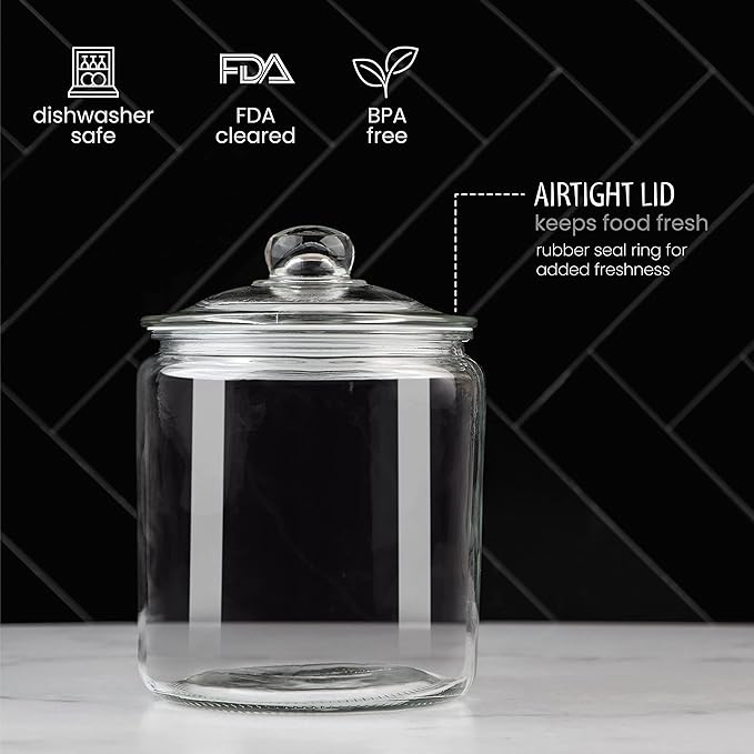 1 Gallon Glass Cookie Jar - Large Food Storage Container with Airtight Lid - Keep Fresh Flour, Chewy Pet Treats, Candy, Dried Foods, Detergent Pods for Your Kitchen or Laundry Room- Pack of 2