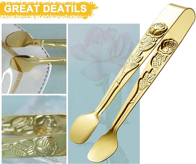 6PCS Mini Serving Tongs 5-Inch Small Rose Sugar Cube Appetizer Tongs, Tiny Metal Tong for Tea Party, Coffee Bar, Desserts (Gold)