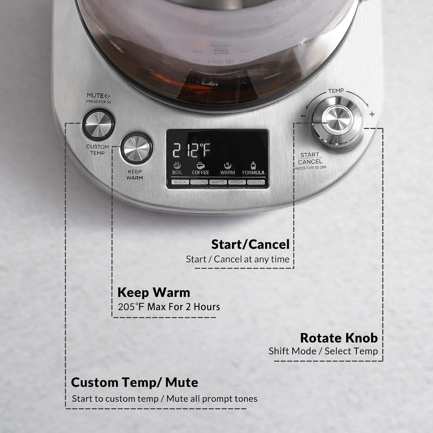 Mecity Electric Tea Kettle with Removable Infuser, 9 Preset Brewing Programs, Temperature Control, 2 Hours Keep Warm, Borosilicate Glass, 1.7 Liter, 1200W
