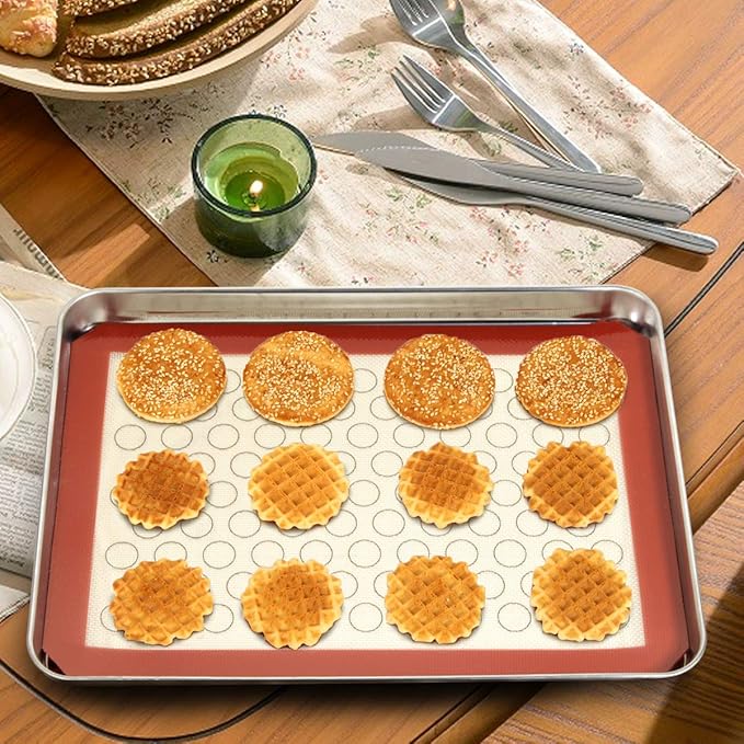 Wildone Baking Sheet with Silicone Mat Set, Set of 6 (3 Sheets + 3 Mats), Stainless Steel Cookie Sheet Baking Pan with Silicone Mat, Non Toxic & Heavy Duty & Easy Clean
