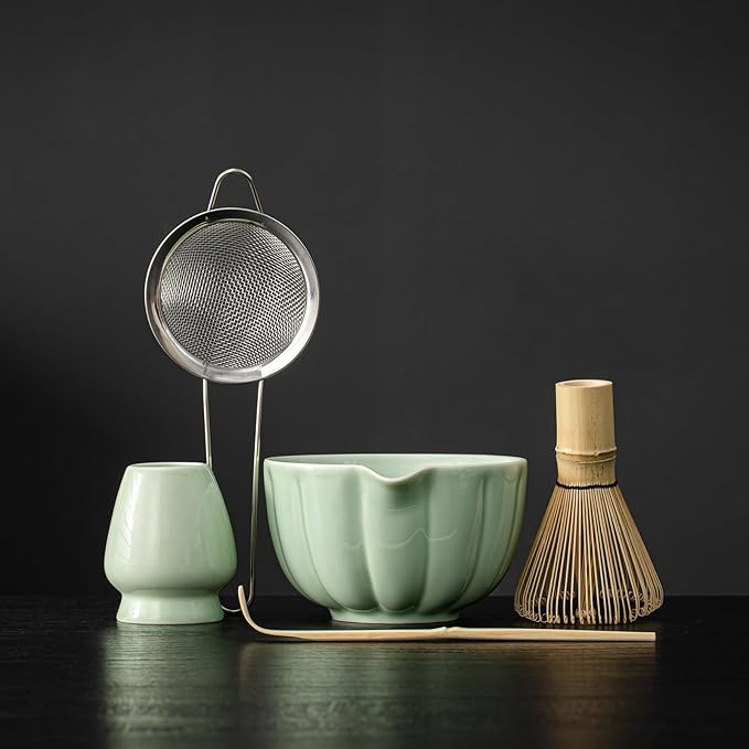 Matcha Whisk Set, Matcha Set Includes Ceramic Matcha Bowl, Bamboo Whisk, Scoop, Chasen Holder, Sifter - 5 Pcs Perfect Matcha Kit for Macha Lover (Emerald Green)