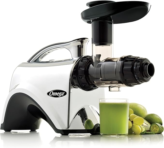 Omega Juicer Premium Vegetable and Fruit Juice Extractor and Nutrition System Makes Nut Milks Baby Food and Sorbets, Adjustable Pressure Settings 80-RPM Slow Masticating Juicer, 150-Watts, Silver
