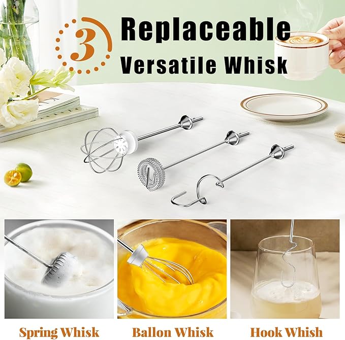Nahida Cement Gray Milk Frother Wand for Coffee, Frother Handheld Rechargeable Electric Whisk with 3 Heads 3 Speeds Drink Mixer Coffee Frother Foam Maker For Latte, Cappuccino, Hot Chocolate, Egg