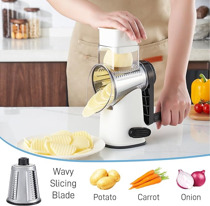 VEKAYA Cheese Grater, Cheese Grater Hand Crank, 4 Interchangeable Blades Cheese Shredder, Vegetable Slicer, Non-slip Suction Base, Easy to Clean Rotary Grater with Handle (White)