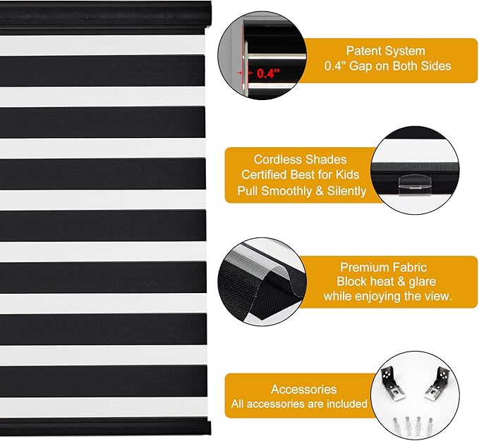 Persilux Cordless Zebra Blinds for Windows (33" W X72 H, Black) Free-Stop Roller Windows Shades Dual Layer Light Control for Day and Night, Light Filtering Sheer Shades for Home, Easy to Install