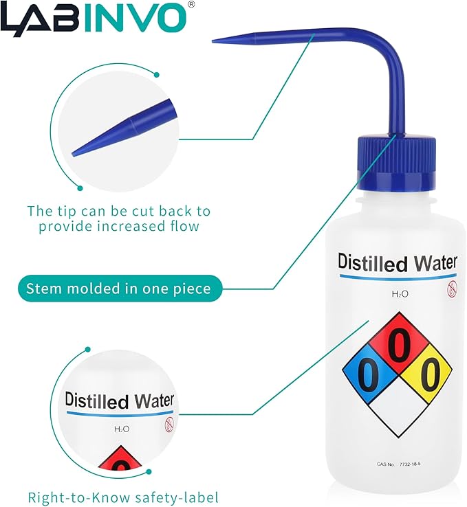 Distilled Water Wash Bottles, 1 PC of Vol.500ml (17oz), Narrow Mouth, Self-Venting Safety Wash Bottles, LDPE Material,IN-WBD501