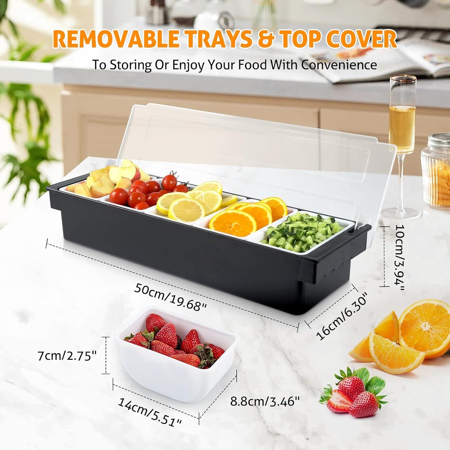 WICHEMI Fruit, Veggie & Condiment Caddy with Lid Dispenser Tray Garnish Station for Bartending & Serving Taco, Ice Cream, Salad Bar - Topping Organizer for Restaurant Supplies (5 Compartment, 2 Pack)