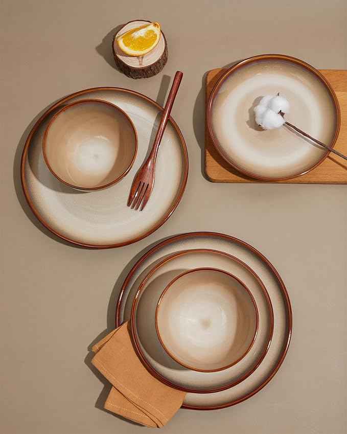 24 Piece Dinnerware Sets for 8, Modern Stoneware Plates and Bowls Sets, Perfect for Family Gatherings & Holiday Celebrations, Easy Cleaning Dish Set, Stack Compactly Dinner Set, Brown Yellow