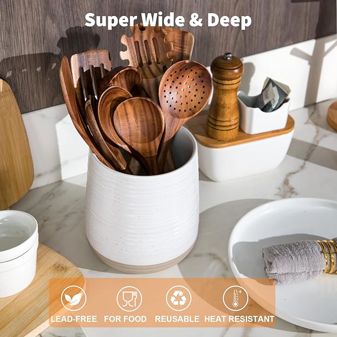 6.8" Large Ceramic Kitchen Utensil Holder - Utensil Holder for Kitchen Counter, Modern Farmhouse Style Holder for Spoons, Spatulas & Cooking Tools (White)