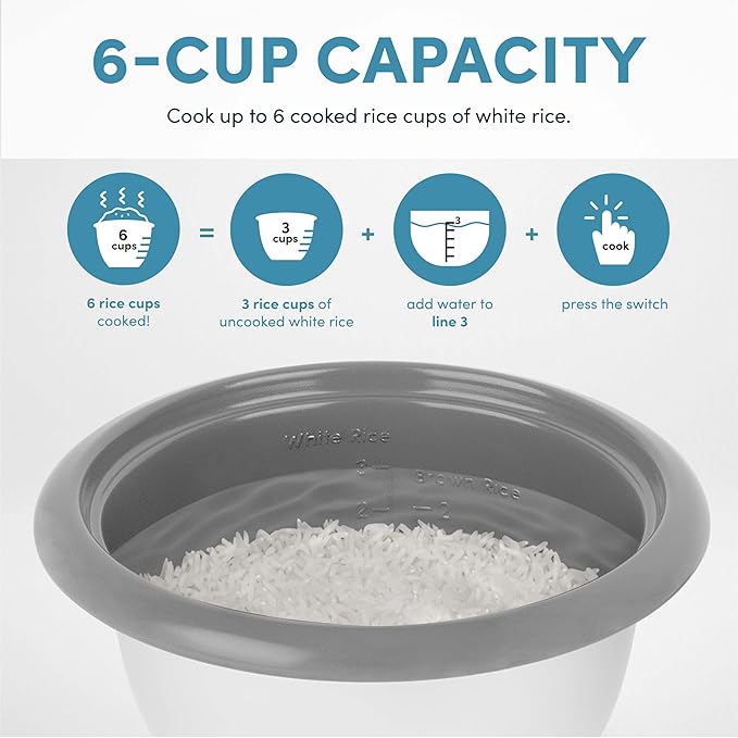 AROMA® Rice Cooker, 3-Cup (Uncooked) / 6-Cup (Cooked), Small Rice Cooker, Oatmeal Cooker, Soup Maker, Auto Keep Warm, 1.5 Qt, White, ARC-363NG