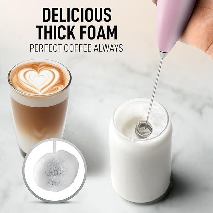 Zulay Kitchen Powerful Double Whisk Milk Frother Handheld - Foam Maker With Stand - Whisk Drink Mixer for Coffee, Mini Foamer for Latte, Matcha, Frappe, Hot Chocolate & Cappuccino - Pink