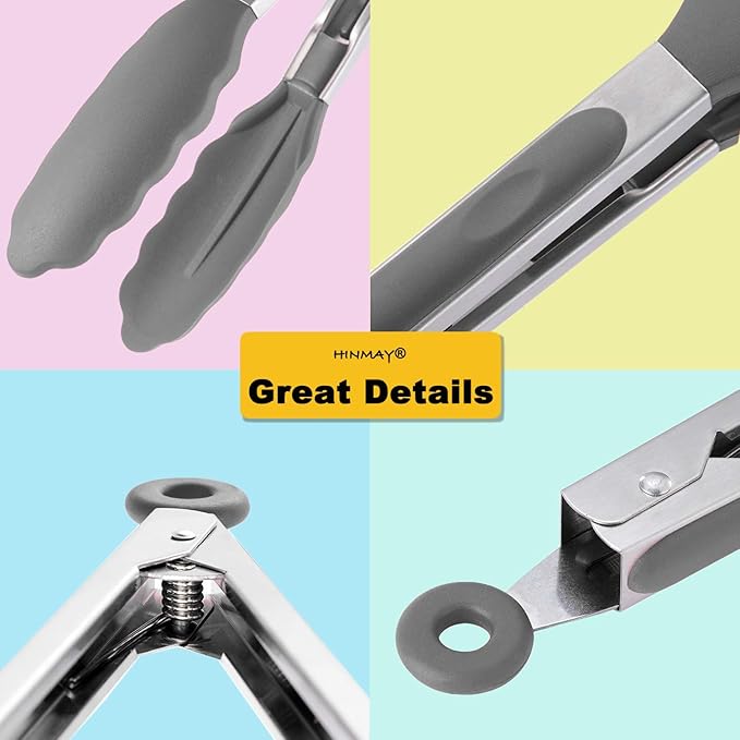 Locking Kitchen Tongs with Silicon Tips 9-Inch Stainless Steel Grilling Tongs, Set of 3 (Gray)