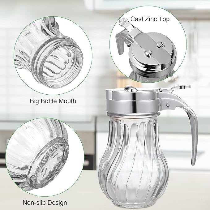 4 Pack Syrup Dispensers Glass Honey Jar Bottle Maple Sugar Dispenser 6 oz Retracting Spout Syrup Containers Pitcher For Milk Coffee Home Restaurant Kitchen Bar Oil Condiment (Delicate Style)