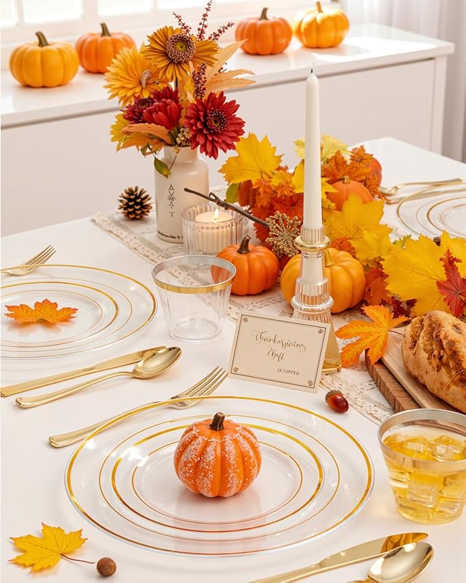 bUCLA 600PCS Clear Plates with Gold Trim - Clear Gold Dinnerware Set Disposable Include 100 Dinner/100 Dessert Plates, 100 Knives, 100 Forks, 100 Spoons, 100 Cups for Wedding, Party & Thanksgiving