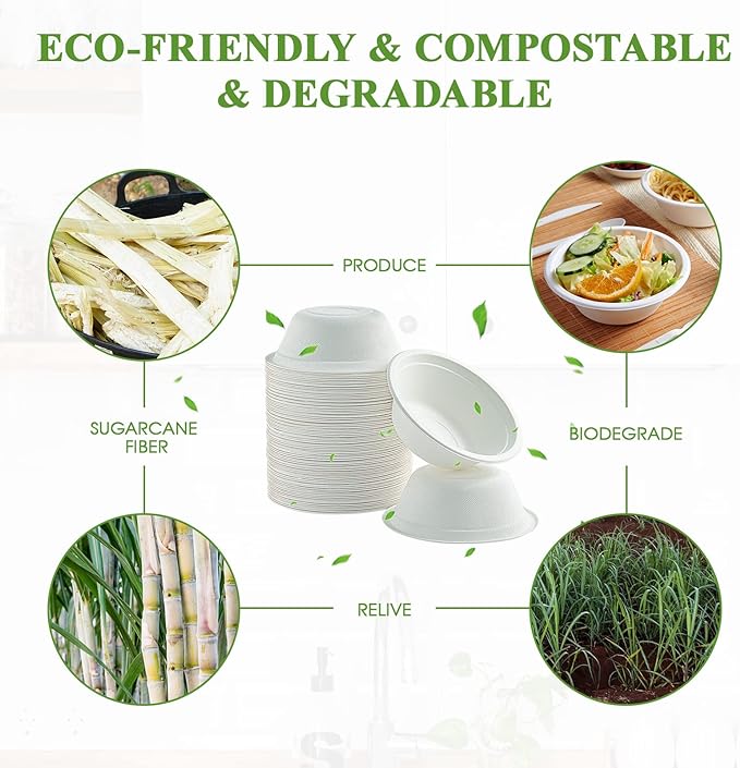 Vplus 500 Pack 12 OZ Paper Bowls Bulk, Disposable Compostable, Eco-friendly Bagasse, Heavy-duty Bowls Perfect for Milk Cereals, Snacks, Salads
