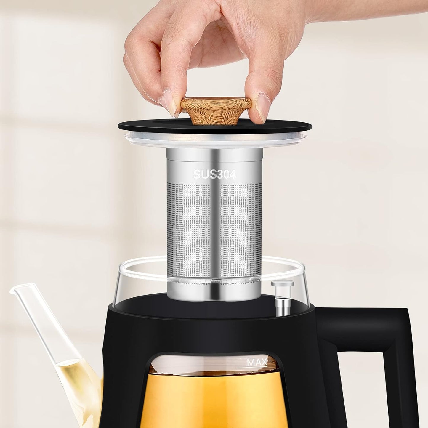 Topwit Electric Kettle, 1.0L Electric Tea Kettle with Removable Stainless Steel Infuser, BPA-Free Electric Glass Kettle with Window, Double Wall Water Warmer, Gooseneck, Auto-shut Off, Black