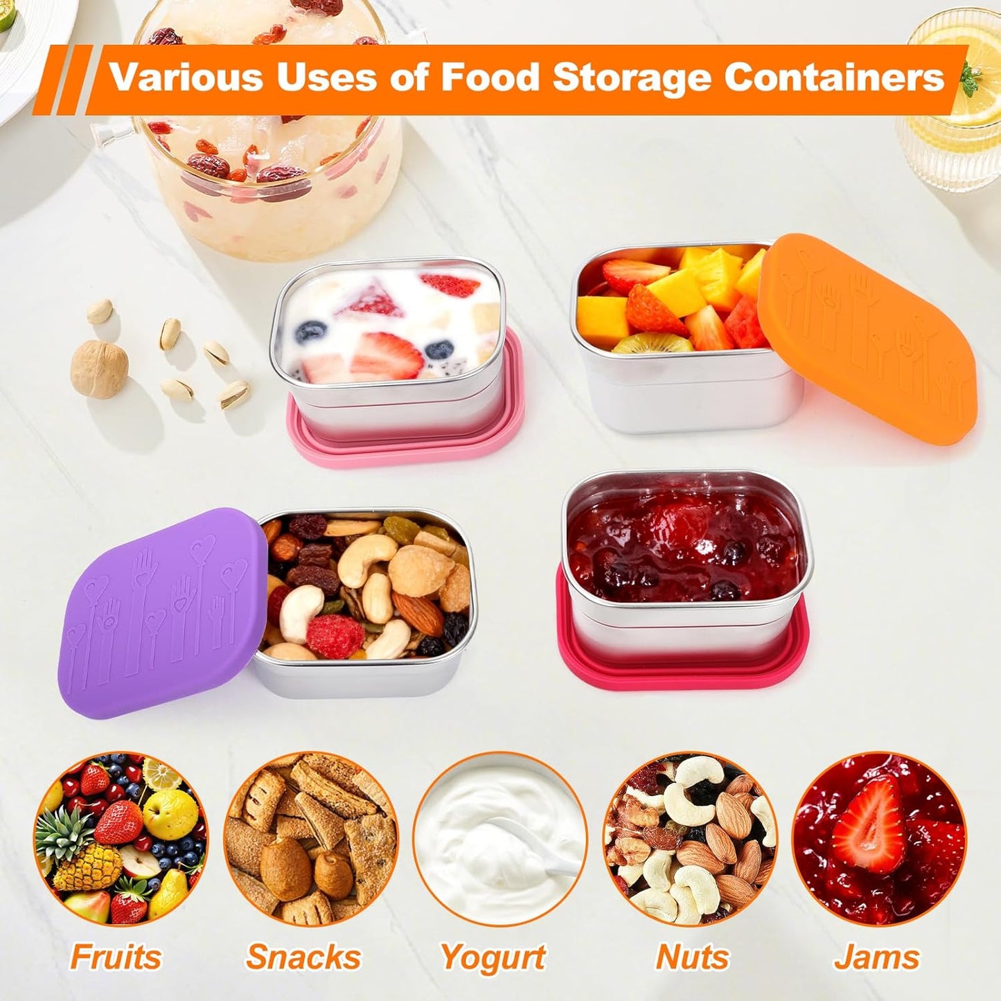 4 Pack Stainless Steel Snack Containers with Lids Set, 10oz Rectangular Easy Open Leakproof Reusable Snack Box Container for Lunch, Small Lunch Food Containers for Meal Prep, Salad Dressing To Go