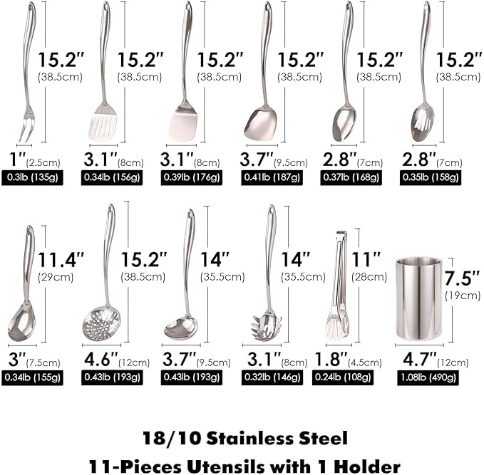 18/10 Stainless Steel Kitchen Utensils Set with Holder - 15″ Spatula Spoon Set with Storage Organizer for Countertop, Fork, Tongs, Spatula, Ladle, Skimmer, Turner, Spaghetti, Large Spoon Set of 12