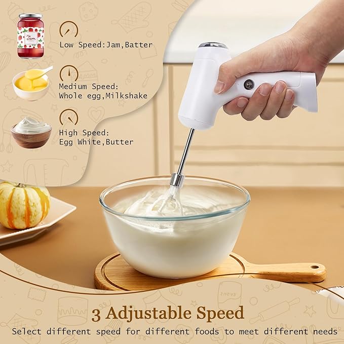 Cordless Hand Mixer, Handheld Electric Whisk with 3 Speed Modes, Hand Held Egg Beater with 2 Detachable Stir Whisks (White Silver)