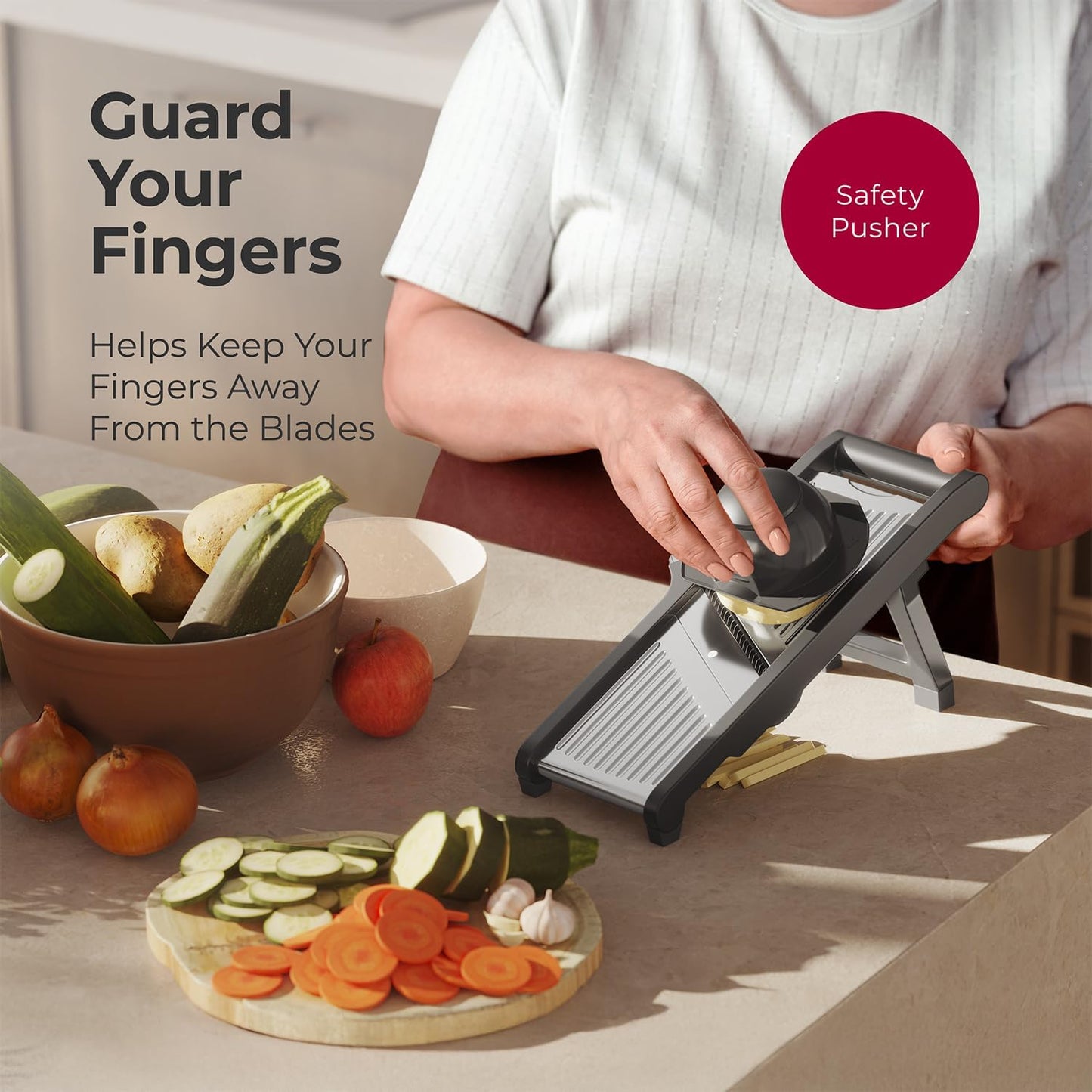 MuellerLiving Mandoline Slicer for Kitchen, Stainless Steel, Slice or Julienne, Vegetable Chopper, Fruit Slicer