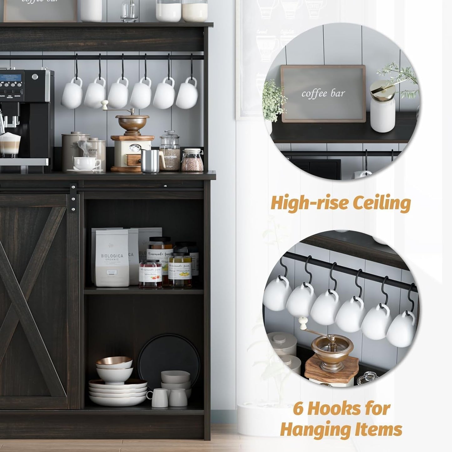 4ever2buy Farmhouse Coffee Bar Cabinet with Hutch, 50 Inch Coffee Bar Hutch with Sliding Barn Door & 6 Hooks for Living Dining Room, Dark Oak