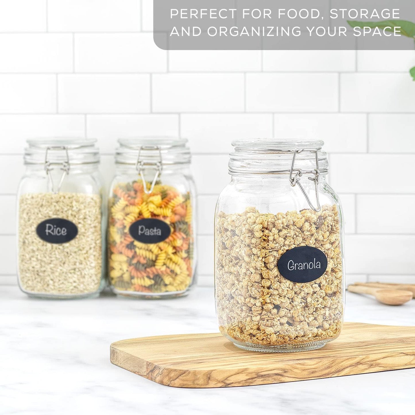 Airtight Glass Jars with Lids Set of 3. 50oz Glass Jar with Lid and 6 Silicone Seals! Med Glass Food Storage Containers. Square Mason Jar, Flour Jar, Candy or Cookie Jars for Kitchen Counter