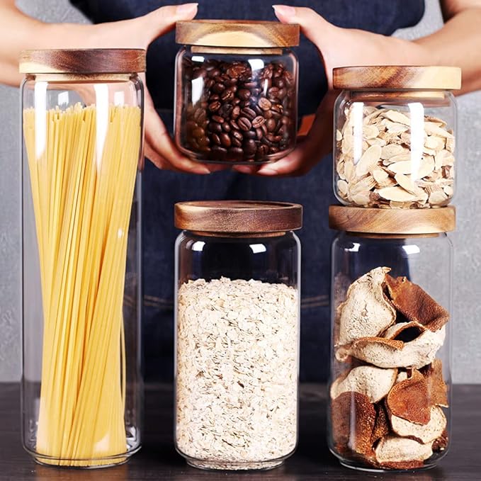 SAIOOL Set of 5 Kitchen Canisters,Thick, Stackable, Natural Style,Cookie, Rice and Spice Jars - Sugar or Flour Container - Big and Small Airtight Food Jar for Pantry