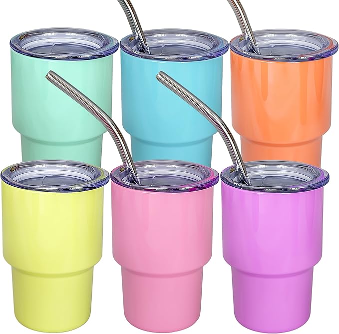 UIRZOTN 3oz Mini Tumbler Shot Glass with Straw and Lid, 6 Pack Stainless Steel Sublimation Shot Glasses for Wedding Party Whiskey Cocktail Bar with Straw and Lid