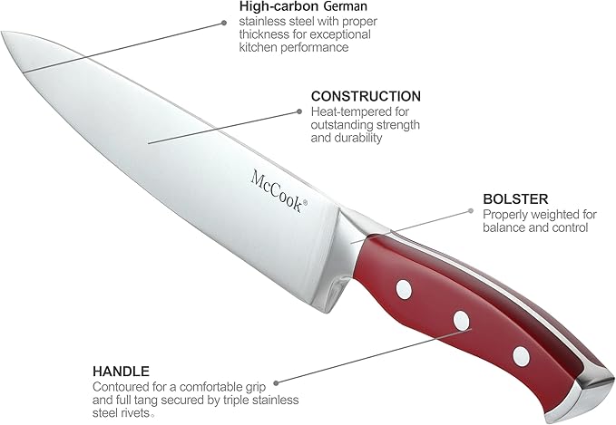 McCook® Stainless Steel Kitchen Knife Sets with Wooden Block, Kitchen Scissors and Built-in Sharpener, Red