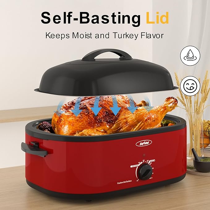 Royalcraft Roaster Oven with Self-Basting Lid, 18qt Electric Roaster with Removable Pan & Rack, Turkey Roaster Oven with Defrost & Warm Function, Stainless Steel, Red