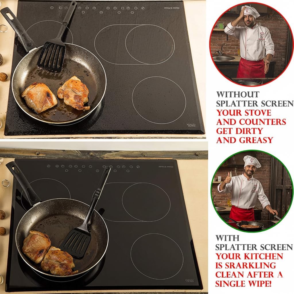 Grease Splatter Screen for Frying Pan 13 inch - Stops 99% of Hot Oil Splash - Protects Skin from Burns - Splatter Guard for Cooking - Iron Skillet Lid Keeps Kitchen Clean, includes Silicone Spatula