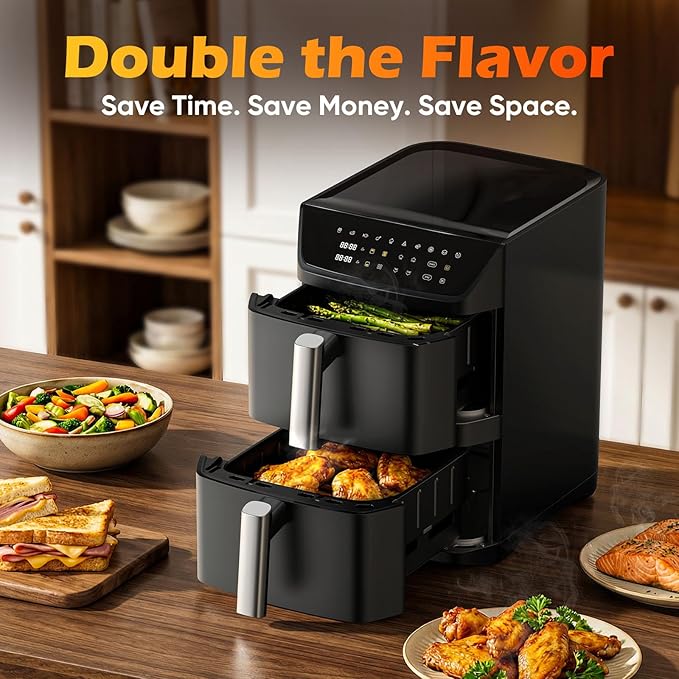 Dual Basket Air Fryer, 12.6QT Family-Size for 10–12 People, XL Basket for 6LB Whole Chicken, DoubleStack Compact Design, 10-in-1 Functions with Reheat, Dehydrate & SyncFinish, Dishwasher-Safe, Black