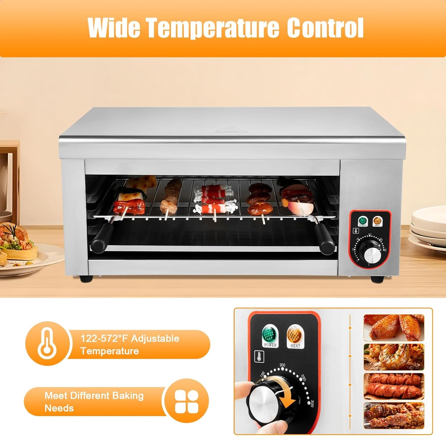 1500W Electric Cheese Melter Commercial Cheese Melter Cheesemelter Grill 122-572°F Stainless Steel Countertop Salamander Broiler Toaster Oven Silver