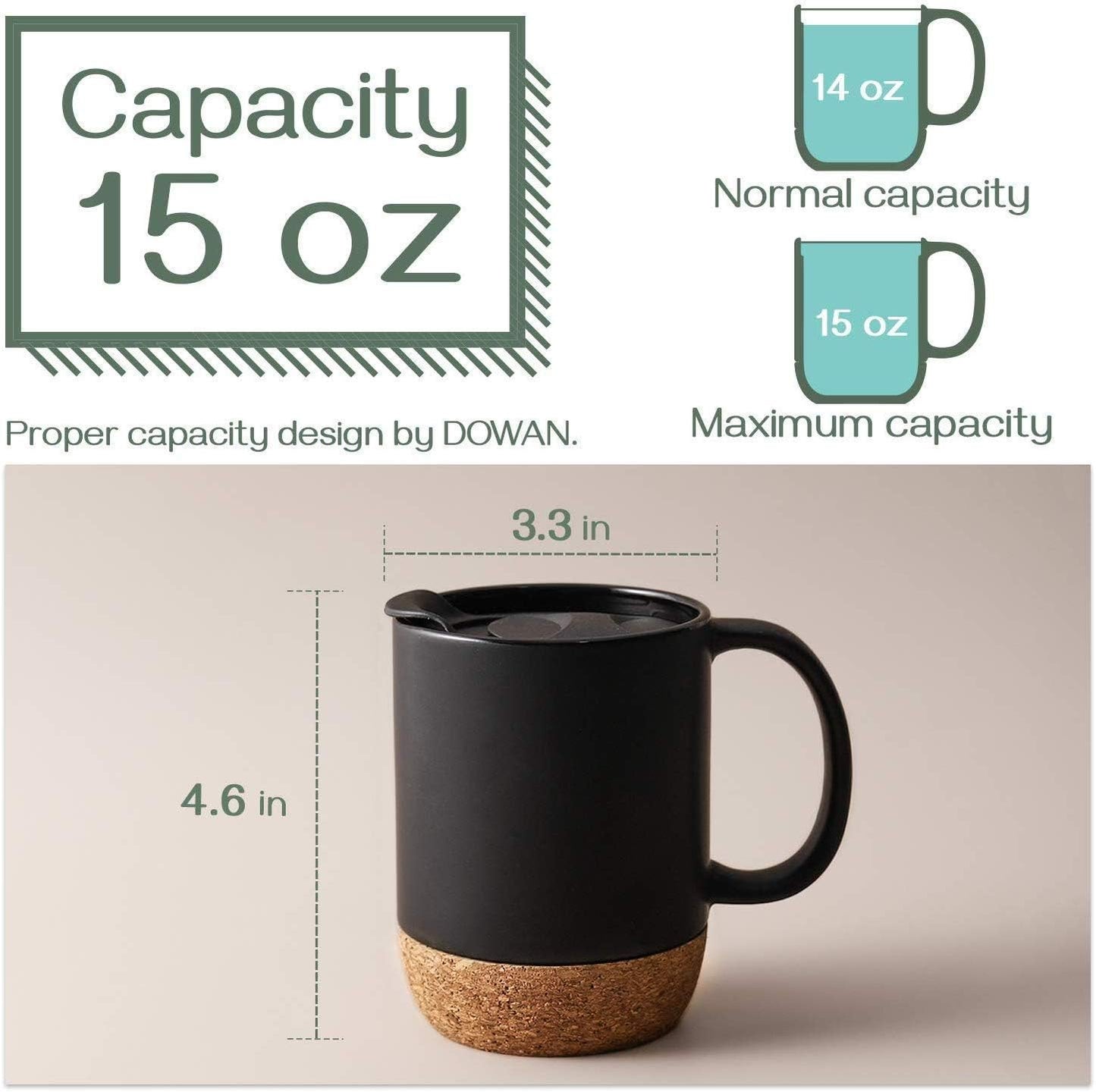 DOWAN Coffee Mugs, 15 oz Mug Set of 2, Large Ceramic Coffee Mug with Cork Bottom and Spill Proof Lid for Mom Dad, Big Mug for Latte Tea, Matte Grey
