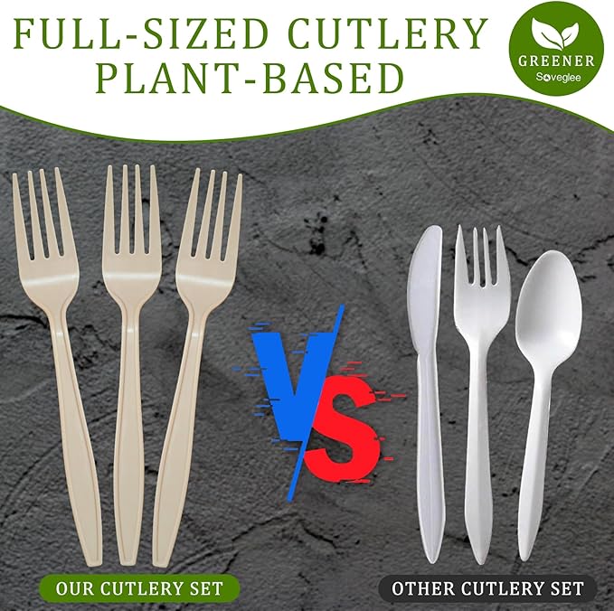 300 Count Compostable Forks, Light Brown Disposable Forks, Heavy Duty No Plastic Silverware, Compostable Utensils for Party, Eco Friendly & Heat Resistant