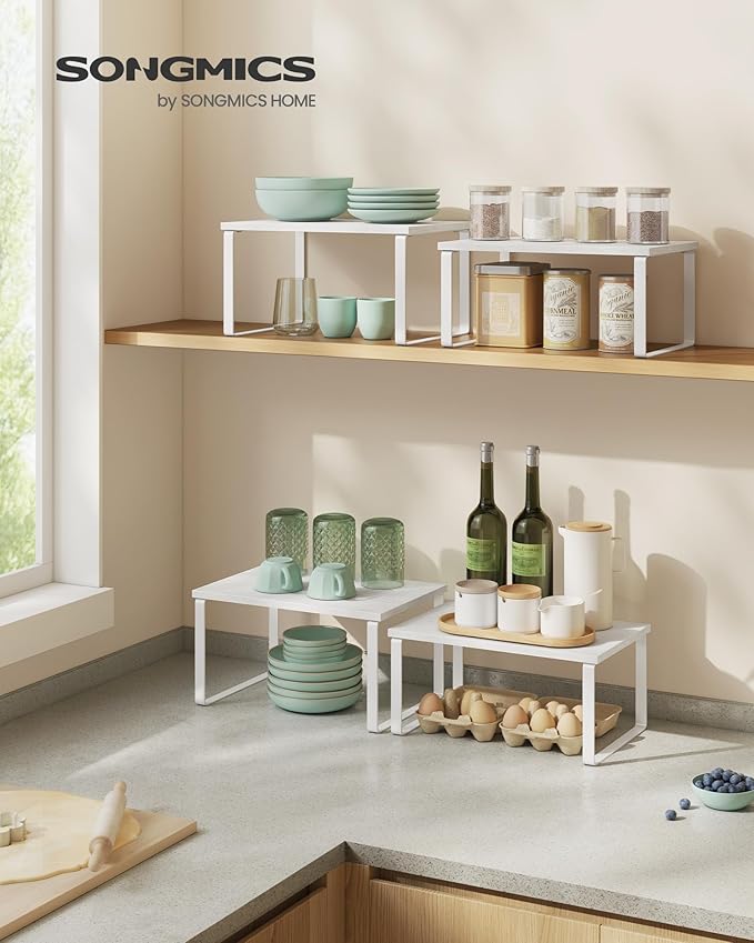 SONGMICS Cabinet Organizer Shelf, Set of 4 Kitchen Counter Shelves, Kitchen Storage, Spice Rack, Stackable, Expandable, Metal and Engineered Wood, Cloud White and Snow White UKCS027W01