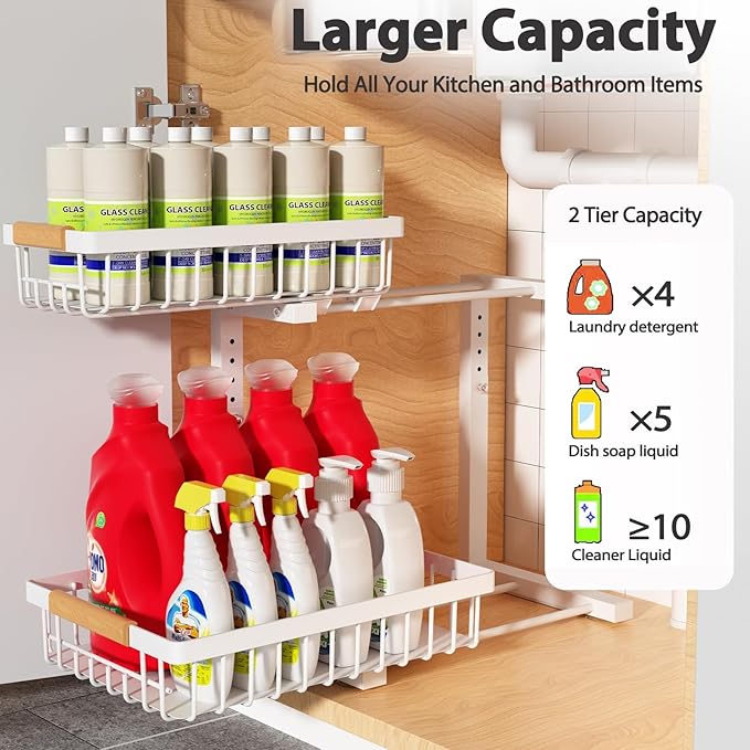 Liuoud Under Sink Organizer 2 Pack, 2 Tier Slide Out Large Capacity Height Adjustable Under Sink Organizers and Storage for Kitchen Bathroom Cabinet, White