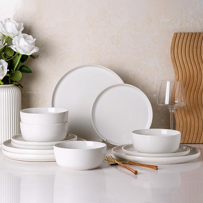 AmorArc Stoneware Dinnerware Sets,Round Reactive Ceramic Plates and Bowls Set,Highly Scrath Resistant | Dishwasher & Microwave Safe Dishes Set,Service for 4 (12pc)-White