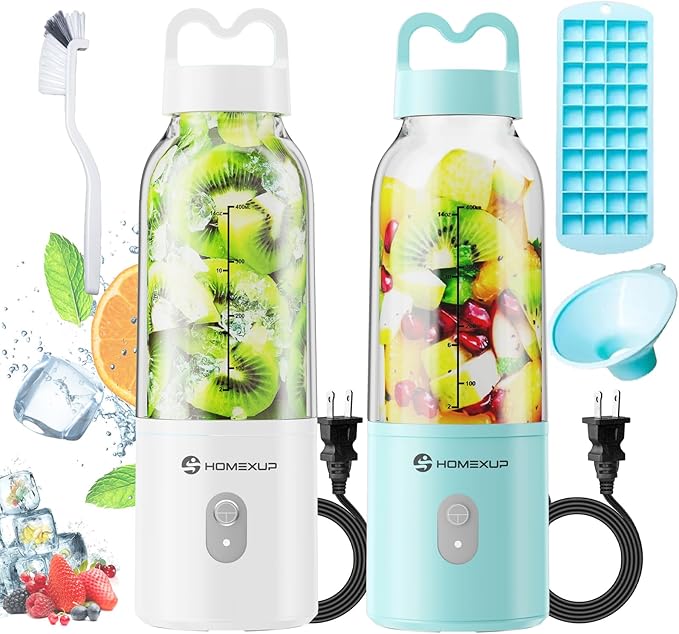 2PCS Portable Personal Blender 17 OZ/500 ML Juicer, 175W Personal Size Blender, Ideal for Smoothies, Ice Blending, Juicing, and Food Processing, Compact, Convenient, and Versatile（Blue&White）