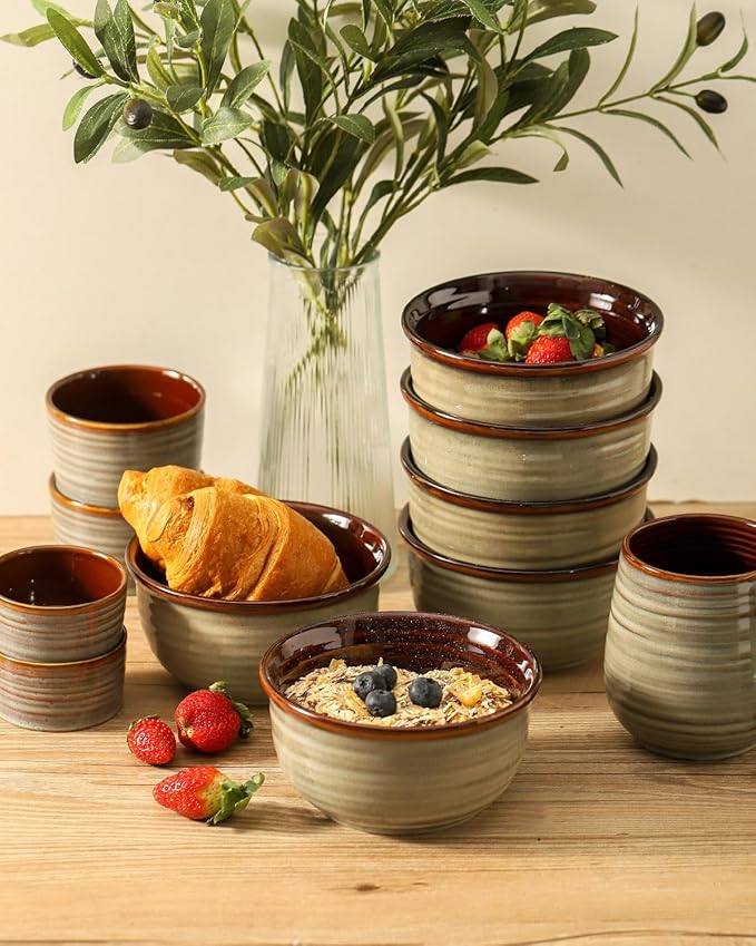 Hasense Ceramic Soup Bowls Set of 6, 20 Ounce Cereal Bowls for Serving,Oatmeal, Rice, Desserts, Salads, and Pasta, Serving Dishes for Entertaining, Microwave and Dishwasher Safe, Light Grey