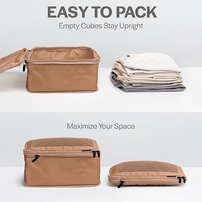 Aerotrunk Compression Packing Cubes for Travel - Luggage Organizer Bags - Double Zipper Packing Cubes for Suitcases (2-Pack, Mocha)