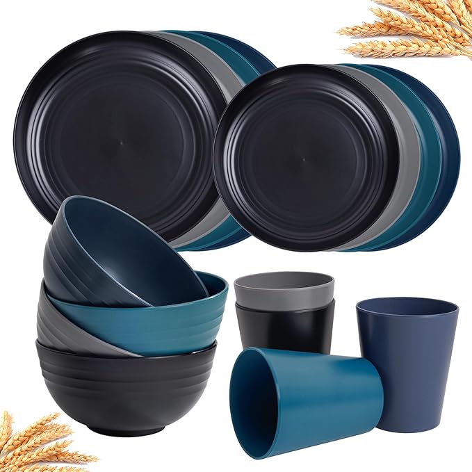 Rubtlamp 16Pcs Plastic Wheat Straw Dinnerware Set, Reusable Plastic Dishes Set for 4, Kitchen Plates And Bowls Set (Deep Four Colors) Include Dinner Plates, Dessert Plates, Cereal Bowls, Cups