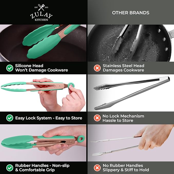 Zulay Stainless Steel Kitchen Tongs with Silicone Tips - Set of 2 (9” & 12”) Locking Cooking Tongs with Non-Slip Grip - Heat Resistant, BBQ Food Tongs for Non-Stick Cooking Pans (Rose Gold/Mint)