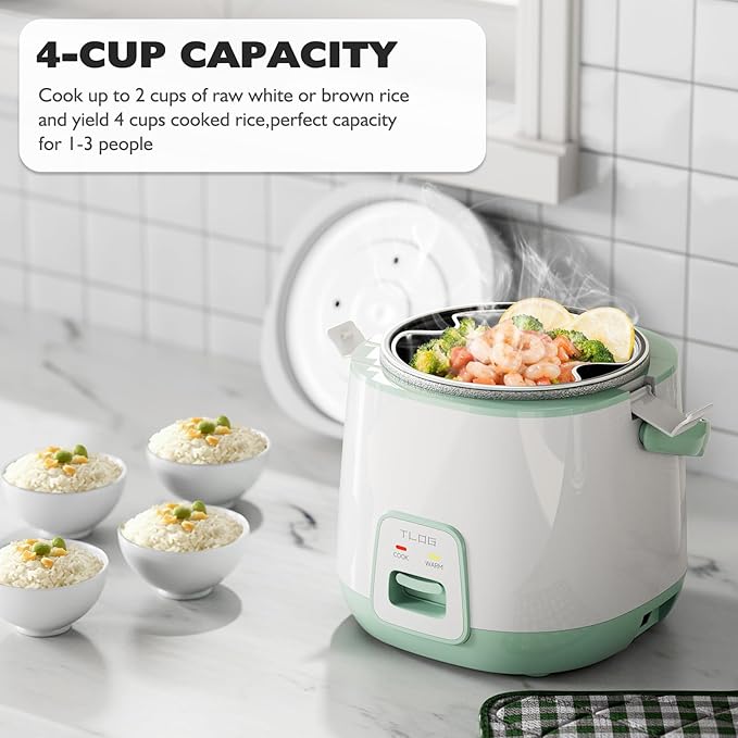 TLOG Mini Rice Cooker 2-Cup Uncooked(4-Cup cooked), Healthy Non-stick Coating 1.2L Small Rice Maker for 1-3 People, Portable Travel Fast Cooker with Steam Tray, Rice Maker for Grains, White Rice, Oatmeal, Veggies
