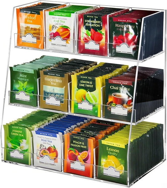 Acrylic Tea Bag Organizer - 3 Tier Clear Tea Bag Holder & Storage Rack, Modern Tea Organizer for Countertop, Cabinet, No Assembly Required Tea Bar Accessories (Holds 200+ Tea Packets)