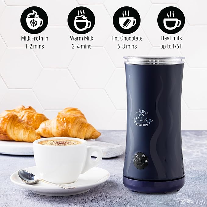 Zulay 4-in-1 Milk Frother and Steamer - Automatic Hot and Cold Foam Maker with Auto Shut Off & Temperature Control for Coffee, Latte, Cappuccino, Hot Chocolate - Navy