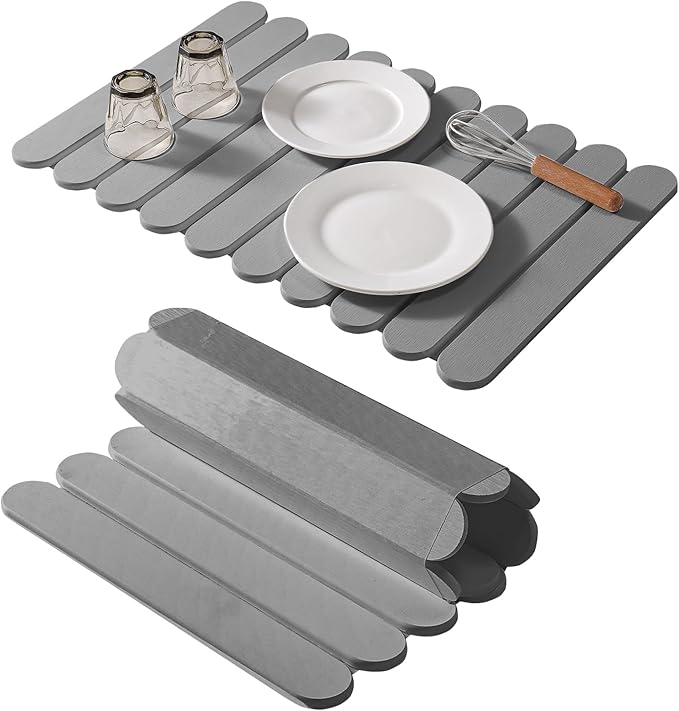 Extral Large Quick Dry Stone Drying Mat for Kitchen Counter,24"(L)x16"(W) Collapsible Eco-Friendly Absorbent Diatomaceous Earth Mat for Dishes Cups,Dish Drying Mats (Medium gray-Ellipse, 24x16 inch)