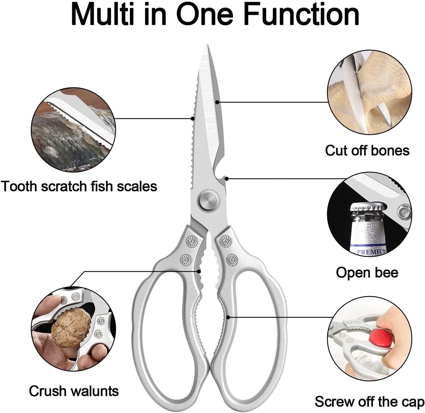 Kitchen Scissors, Heavy Duty Sharp Kitchen Shears Dishwasher Safe, Kitchen Accessories Cooking Shears for Kitchen Meat Chicken Fish Poultry Herb Bread (Silver)