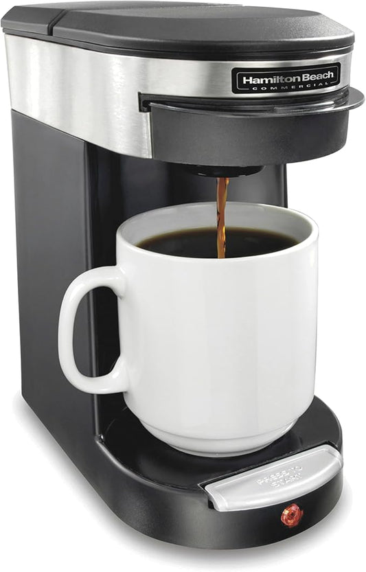 Hamilton Beach Commercial Deluxe 1-Cup Coffee Maker, Black/Stainless-Steel, 3-Minute Brew Time, Auto Shutoff, Coffee Pod Brewer, cUL Certified, HDC200S-CA